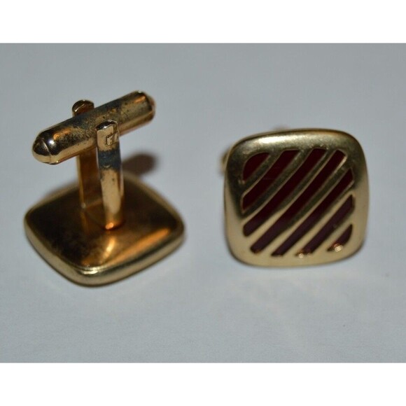 Vintage Brass with Red Accents 1960s Classic Men's Cuff Links & Tie Bar Set Rare - Picture 5 of 9